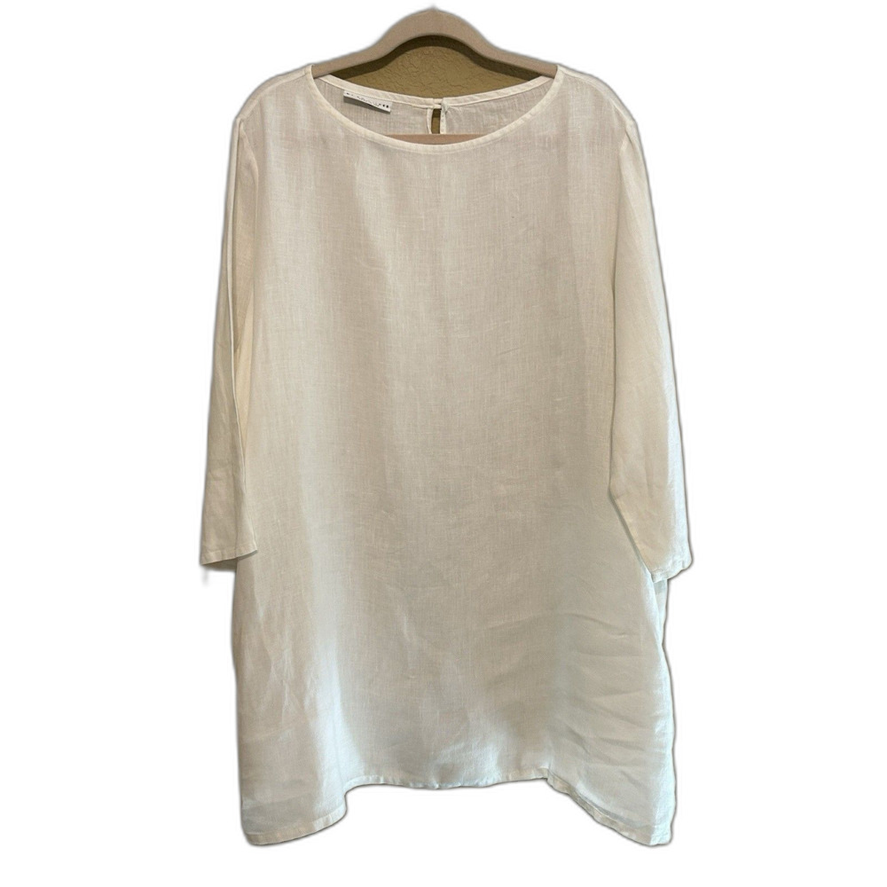Bryn Walker 100% Tunic Top Women XL White 3/4 Sleeve Lagenlook Boho Long Line